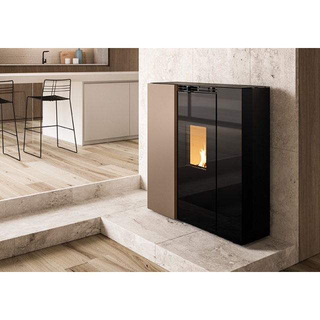 Soba pe peleti hidrroventilata PALAZZETTI TIFFANY IDRO V13 TC, dimensiuni 101 x 36 x 116 cm - 244 kg, culoare otel caffe latte