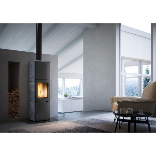 Soba pe lemne cu stocare a aerului PALAZZETTI Eva S, dimensiuni 44 x 45 x 150 cm - 230 kg, culoare piatra naturala