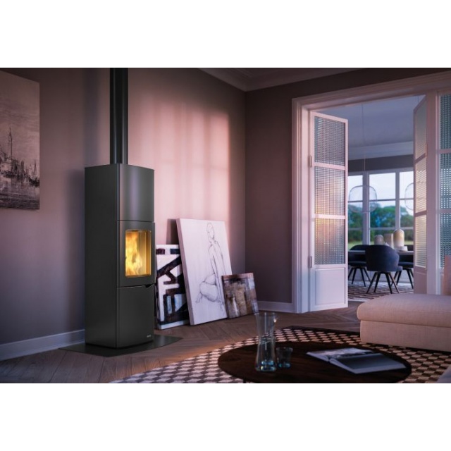 Soba pe lemne ventilata PALAZZETTI Eva S, dimensiuni 44 x 45 x 150 cm - 180 kg, culoare otel gri antracit