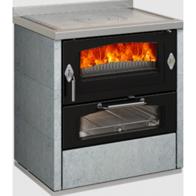 Sobă pe lemne cu cuptor DE MANINCOR Domino D8, dimensiuni 80x60x86 cm, culoare gri cu usi negre