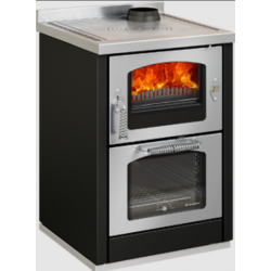 Sobă pe lemne cu cuptor DE MANINCOR Domino MAXI D6, dimensiuni 60x60x86 cm, culoare negru cu usi inox