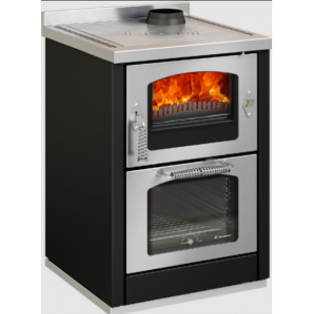 Sobă pe lemne cu cuptor DE MANINCOR Domino MAXI D6, dimensiuni 60x60x86 cm, culoare negru cu usi inox