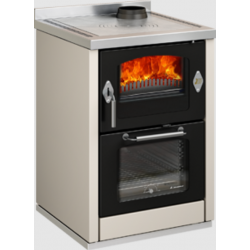 Sobă pe lemne cu cuptor DE MANINCOR Domino MAXI D6, dimensiuni 60x60x86 cm, culoare ivory cu usi negre