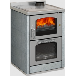 Sobă pe lemne cu cuptor DE MANINCOR Domino MAXI D6, dimensiuni 60x60x86 cm, culoare piatra cu usi inox