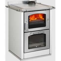 Sobă pe lemne cu cuptor DE MANINCOR Domino MAXI D6, dimensiuni 60x60x86 cm, culoare alb cu usi inox