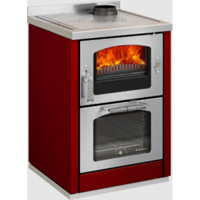 Sobă pe lemne cu cuptor DE MANINCOR Domino MAXI D6, dimensiuni 60x60x86 cm, culoare rosu cu usi inox