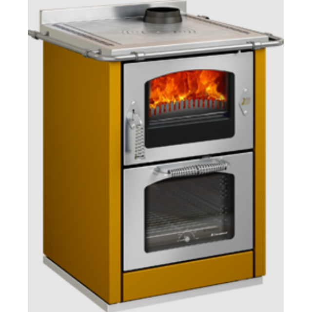 Sobă pe lemne cu cuptor DE MANINCOR Domino MAXI D6, dimensiuni 60x60x86 cm, culoare galben cu usi inox