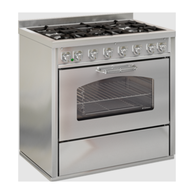 Aragaz cu 5 zone pe gaz sau electric cu cuptor DE MANINCOR GD9, dimensiuni 90x60x86 cm, culoare otel inoxidabil
