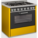 Aragaz cu 5 zone pe gaz sau electric cu cuptor DE MANINCOR GD9, dimensiuni 90x60x86 cm, culoare galben cu usi negre