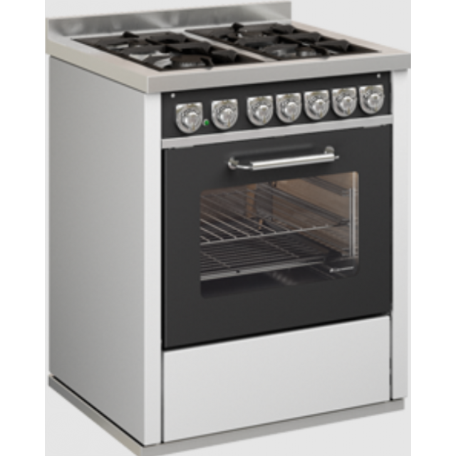 Aragaz cu 4 zone pe gaz cu cuptor multifuncțional DE MANINCOR GD7, dimensiuni 70x60x86 cm, culoare otel inoxidabil cu usi negre