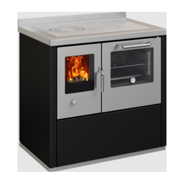 Sobă pe lemne cu cuptor DE MANINCOR E90, dimensiuni 90x60x86 cm, culoare negre cu usi din inox