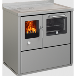 Sobă pe lemne cu cuptor DE MANINCOR E90, dimensiuni 90x60x86 cm, culoare gri cu usi din inox