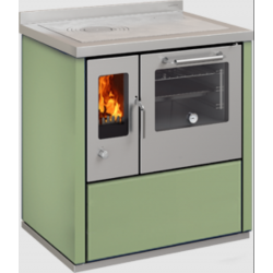 Sobă pe lemne cu cuptor DE MANINCOR E80, dimensiuni 80x60x86 cm, culoare verde cu usi din inox