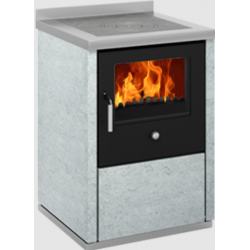 Sobă pe lemne cu cuptor DE MANINCOR E60, dimensiuni 60x60x86 cm, culoare piatra cu usi negre