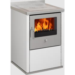 Sobă pe lemne cu cuptor DE MANINCOR E60, dimensiuni 60x60x86 cm, culoare alb cu usi din inox