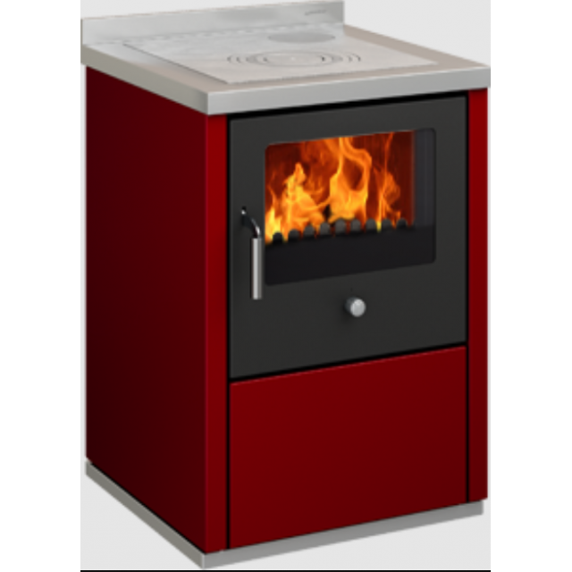 Sobă pe lemne cu cuptor DE MANINCOR E60, dimensiuni 60x60x86 cm, culoare rosu cu usi negre