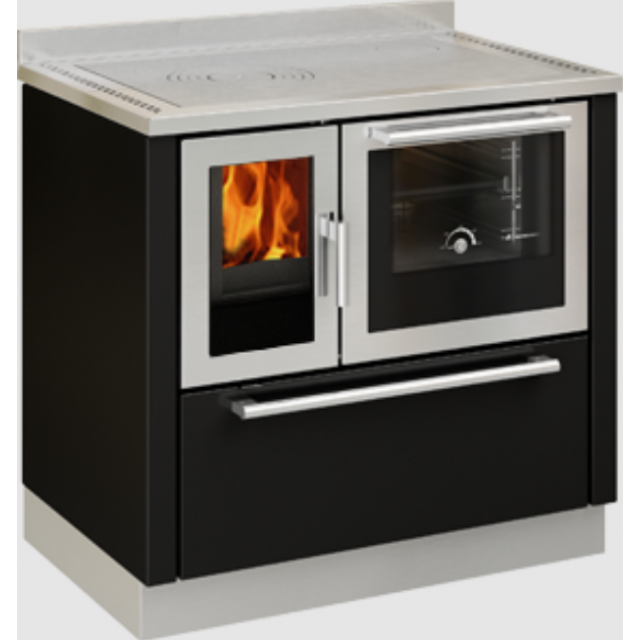 Sobă pe lemne cu cuptor DE MANINCOR F90, dimensiuni 90x60x86, culoare negru cu usi din inox