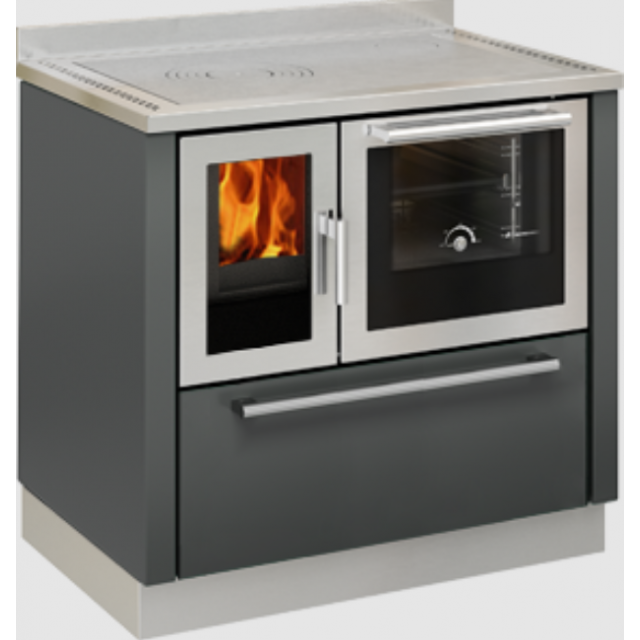 Sobă pe lemne cu cuptor DE MANINCOR F90, dimensiuni 90x60x86, culoare gri inchis cu usi din inox