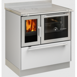 Sobă pe lemne cu cuptor DE MANINCOR F80, dimensiuni 80x60x86 cm, culoare alb cu usi din inox