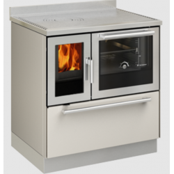 Sobă pe lemne cu cuptor DE MANINCOR F80, dimensiuni 80x60x86 cm, culoare ivory cu usi din inox