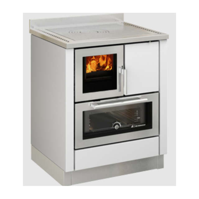 Sobă pe lemne cu cuptor DE MANINCOR F70, dimensiuni 70x60x86 cm, culoare alb cu usi din inox