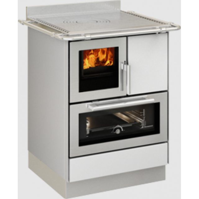 Sobă pe lemne cu cuptor DE MANINCOR F60, dimensiuni 60x60x86 cm, culoare alb cu usi din inox