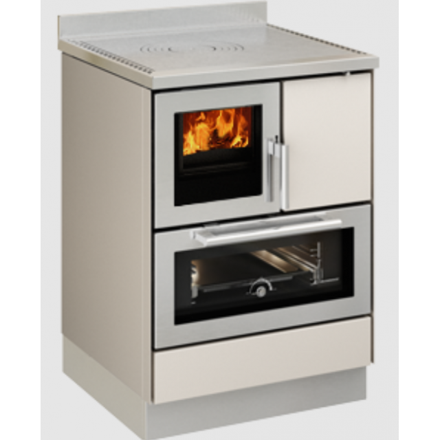 Sobă pe lemne cu cuptor DE MANINCOR F60, dimensiuni 60x60x86 cm, culoare ivory cu usi din inox