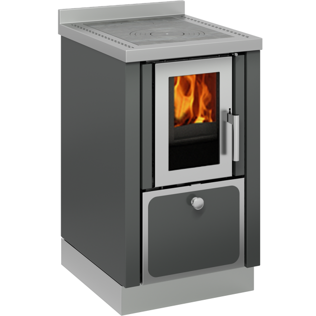 Sobă pe lemne DE MANINCOR F50, dimensiuni 50x60x86 cm, culoare gri cu usi din inox