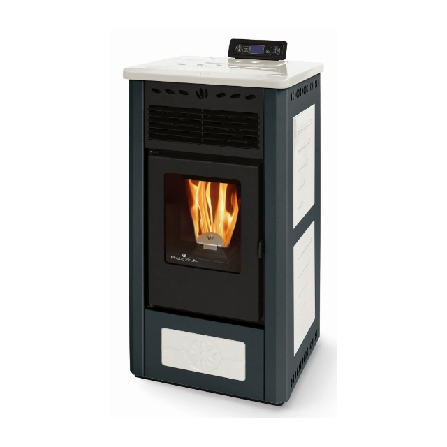 Soba pe peleti PHEBO Gea, putere termică 9.1 kW, culoare negru-alb