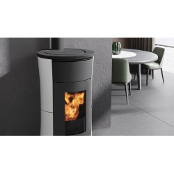 Sobă pe peleți conductibilă cu racord posterior EDILKAMIN CHERIE 11++, putere utila 3,7/11 kW, alb mat