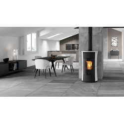 Sobă pe peleți conductibilă cu iesire cos superioara EDILKAMIN CHERIE 11++, putere utila 3,7/11 kW, ceramica alb crem