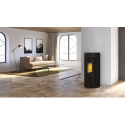 Sobă pe peleți EDILKAMIN Libra 7, putere utila 2,6-7,4 kW cu ieșire fum spate Ø 8 cm, laterale si blat din sticla neagra