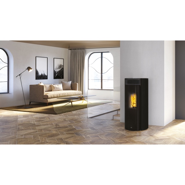 Sobă pe peleți EDILKAMIN Libra 7, putere utila 2,6-7,4 kW cu ieșire fum coaxială superioară Ø 8/13 cm, din sticla neagra