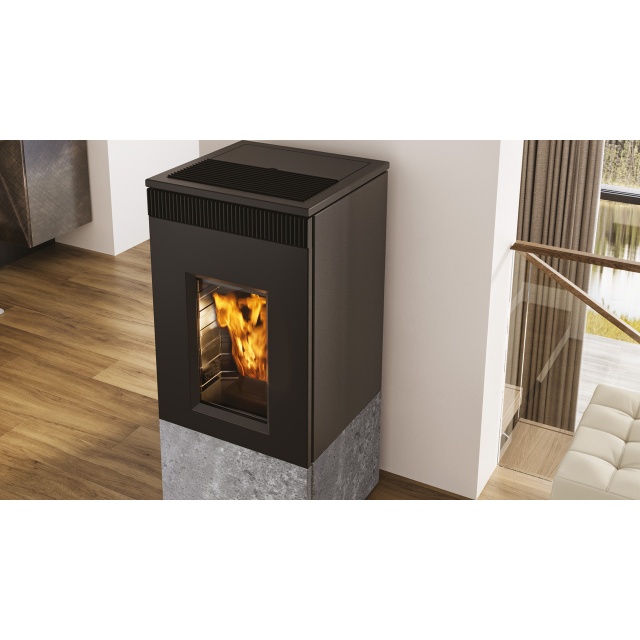 Sobă pe peleți EDILKAMIN Rise 11+ Evo, putere utila 5-11.4 kW cu ieșire fum spate Ø 8 cm, piatră vulcanică