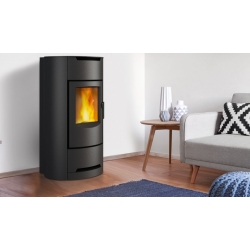 Soba pe peleți PIAZZETTA P110 T, rotundă din oțel, cu ușă din fontă, clasa energetica A+ si putere nominala 2,7 - 6 kW