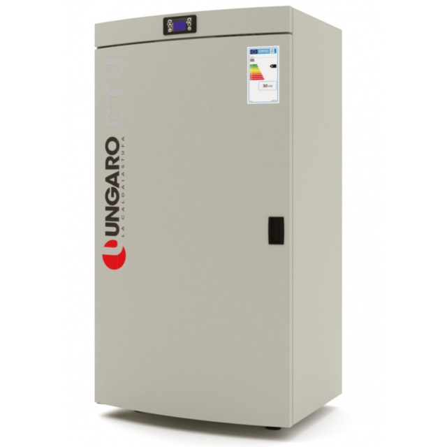 Centrală termică pe peleți UNGARO CTUL934A1, schimbător de căldură din cuptor, 710 × 710 × 1420 mm, putere nominala 8-32 kW