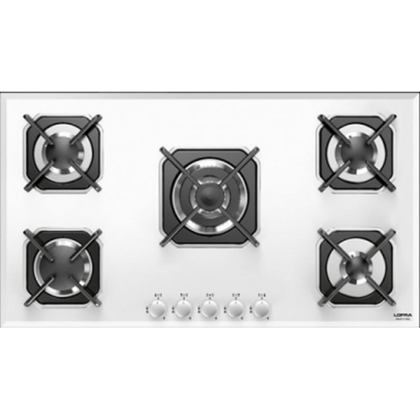 Plita incorporabila Lofra Marte HGB9E0, 90 cm, plita gaz, 5 arzatoare,sistem siguranta Stop-Gaz,sticla alba