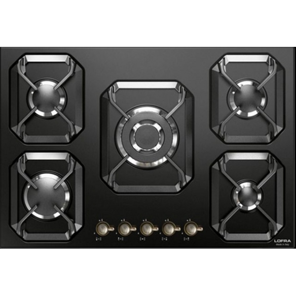 Plita incorporabila Lofra Dolcevita HRNM7A0/GA, 75 cm, plita gaz, 5 arzatoare,sistem siguranta Stop-Gaz,butoane bronz, negru mat